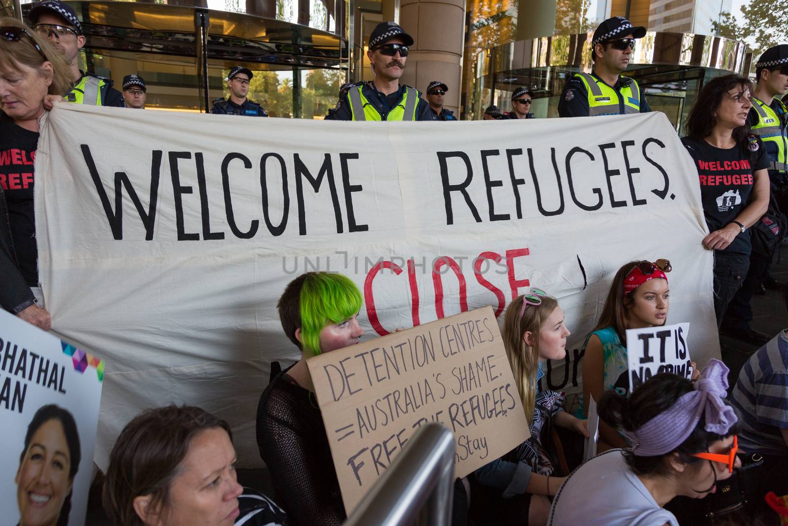 MELBOURNEAUSTRALIA - FEBRUARY 4: Refugee activists along with the Socialist Alliance and University Students, protest in Melbourne against sending children back from onshore camps to Nauru offshore centres.