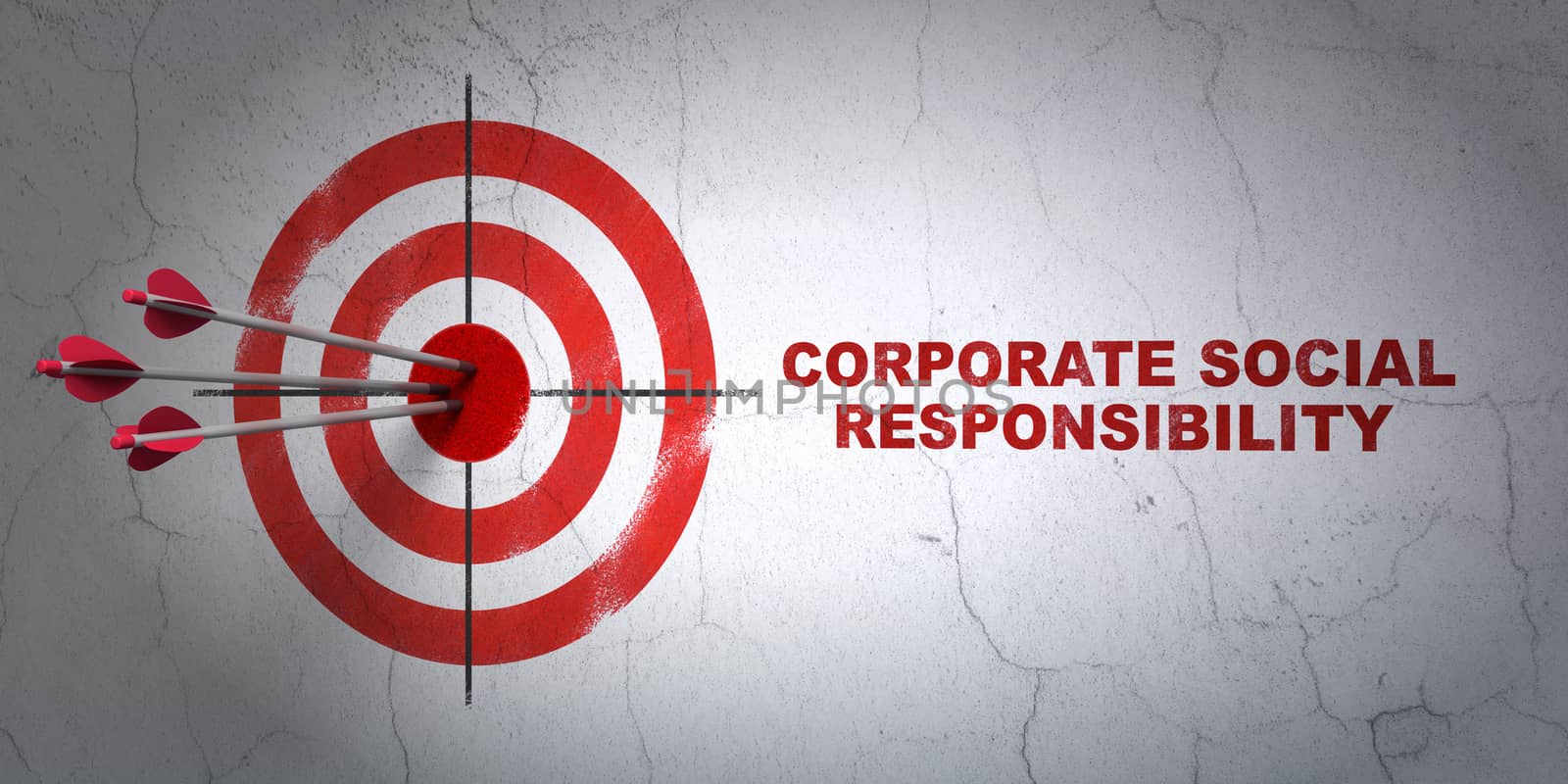 Success finance concept: arrows hitting the center of target, Red Corporate Social Responsibility on wall background