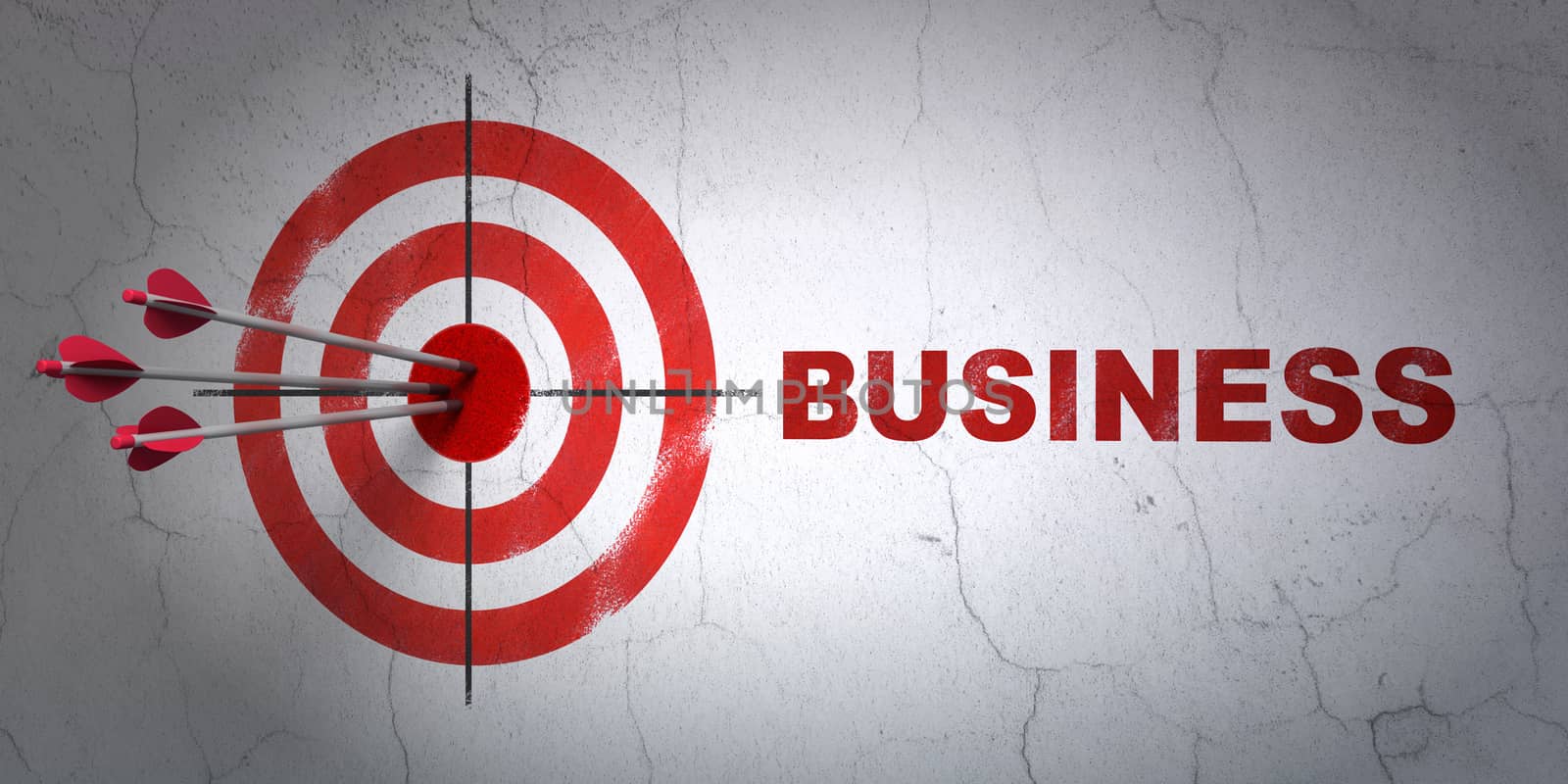 Success finance concept: arrows hitting the center of target, Red Business on wall background