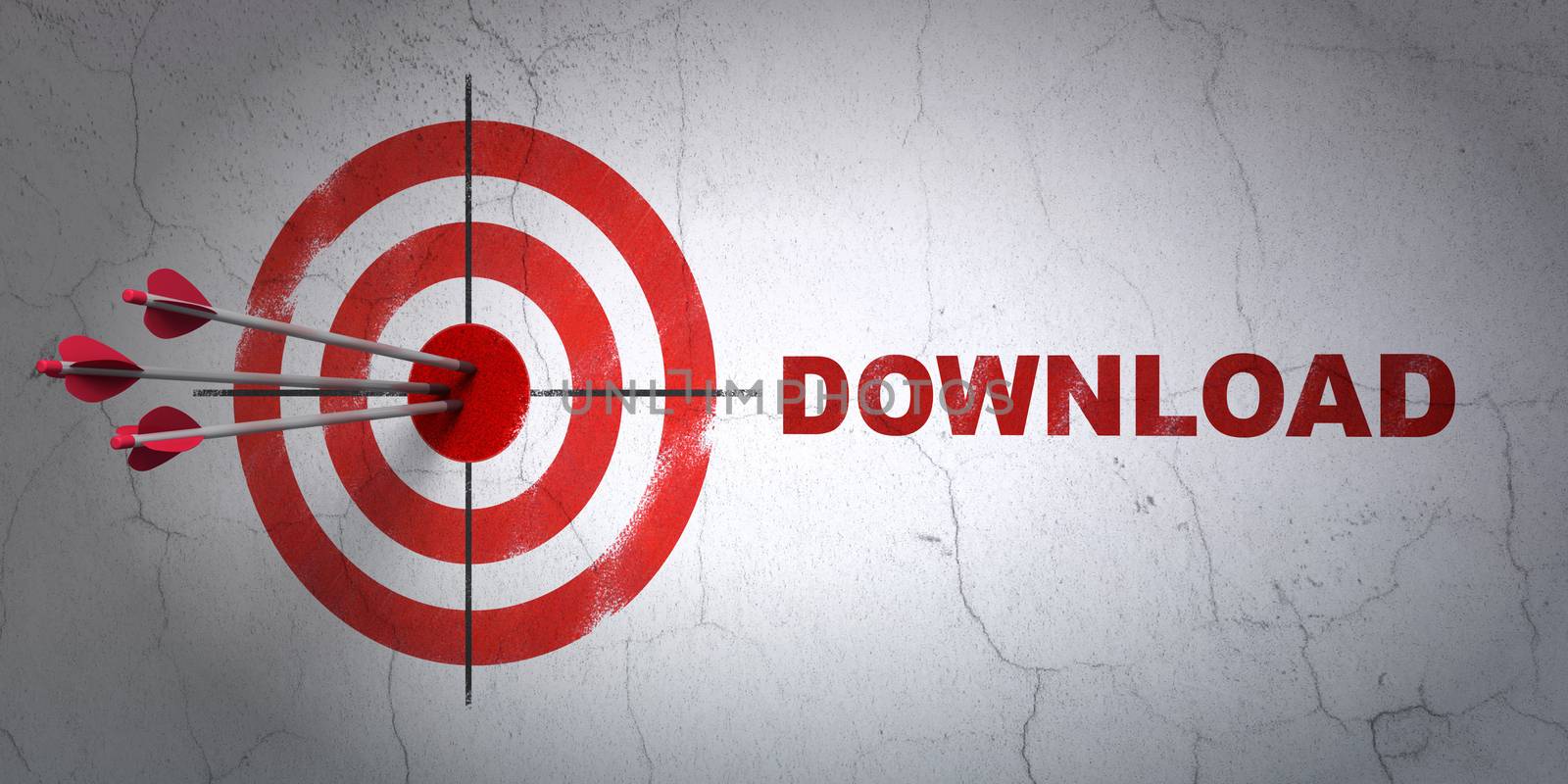 Success web development concept: arrows hitting the center of target, Red Download on wall background