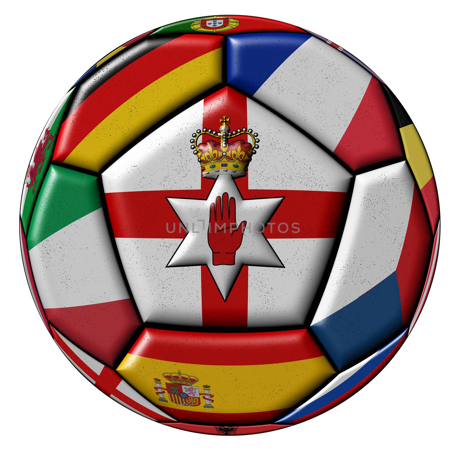 Soccer ball on a white background with flags of European countries - flag of Ireland in the center