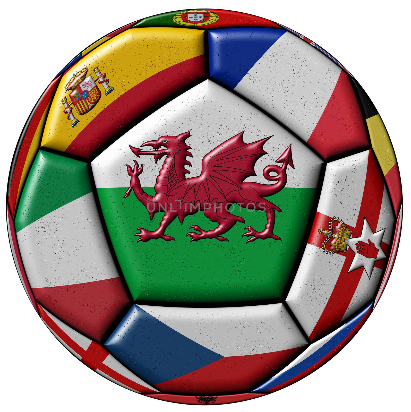 Soccer ball on a white background with flags of European countries - dominant flag of Wales