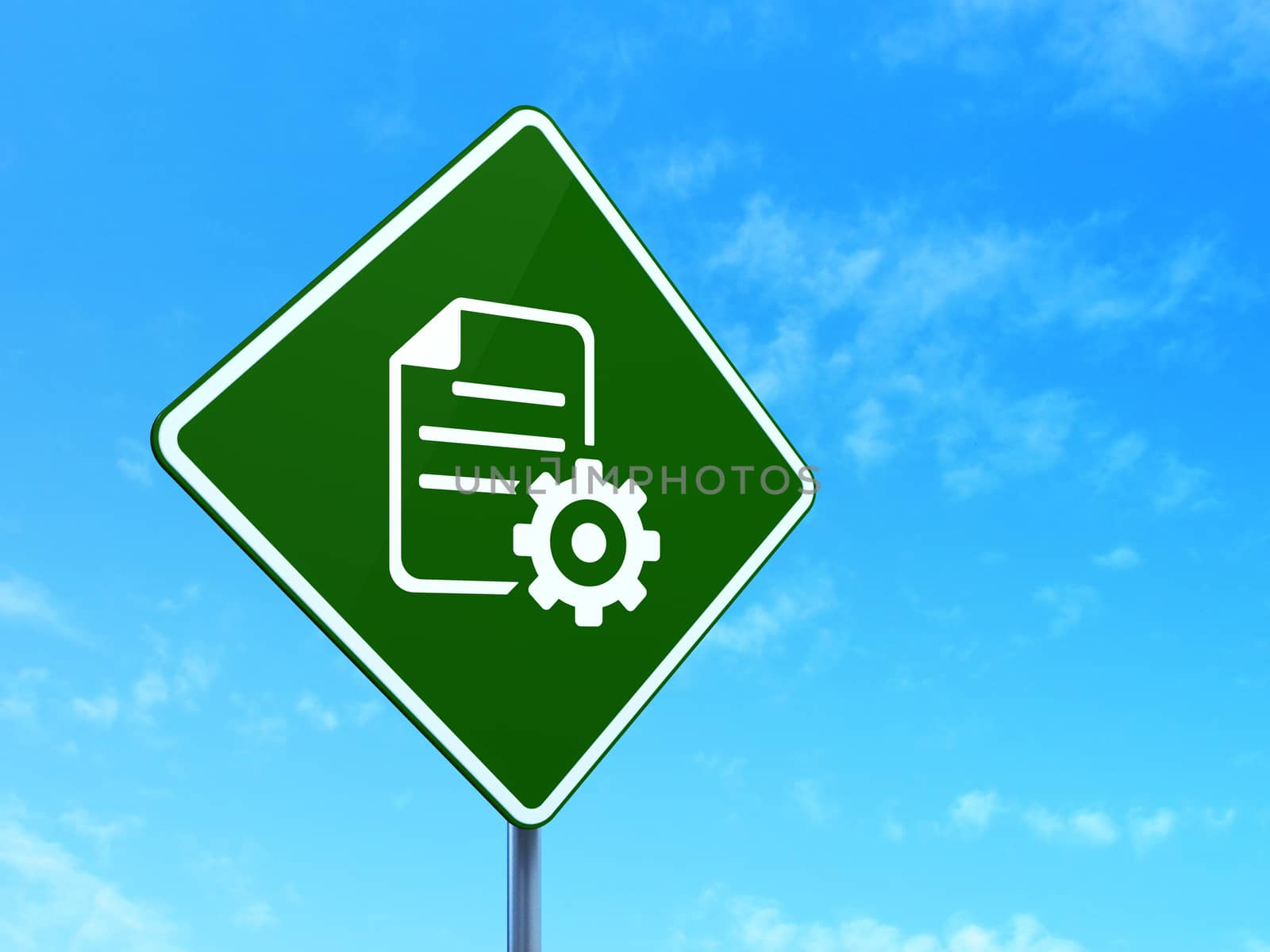 Programming concept: Gear on green road highway sign, clear blue sky background, 3d render