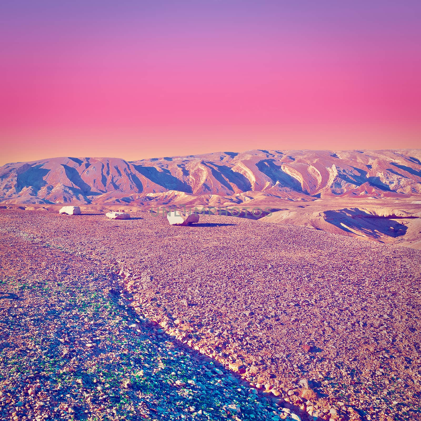 Rocky Hills of the Negev Desert in Israel at Sunset, Instagram Effect