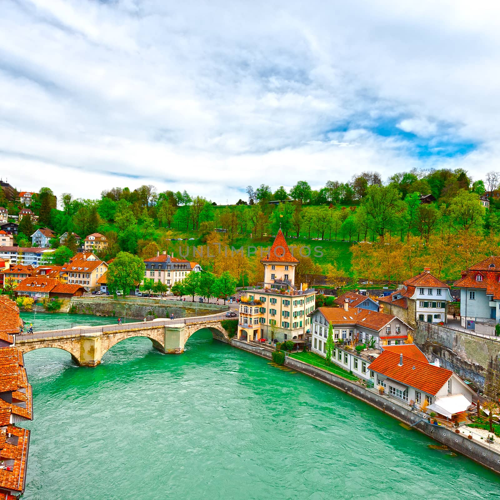Aerial View to the Roofs of the City of Berne and River Aare in Switzerland