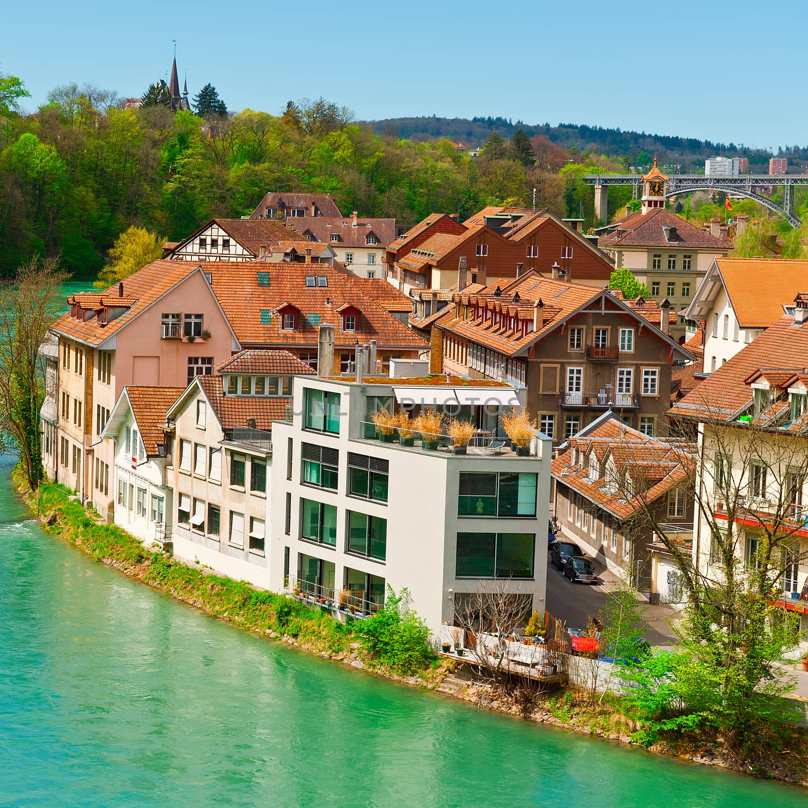 Aerial View to the Roofs of the City of Berne and River Aare in Switzerland