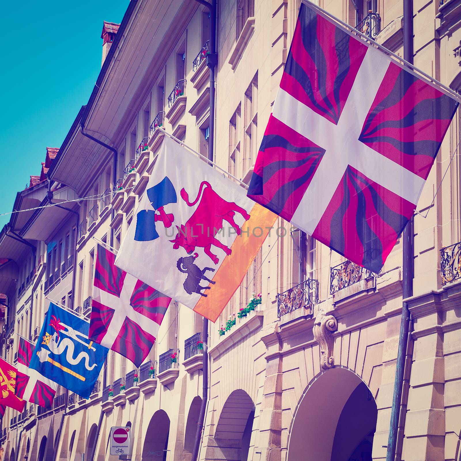 Street Decorated with Flags in Berne, Switzerland, Instagram Effect