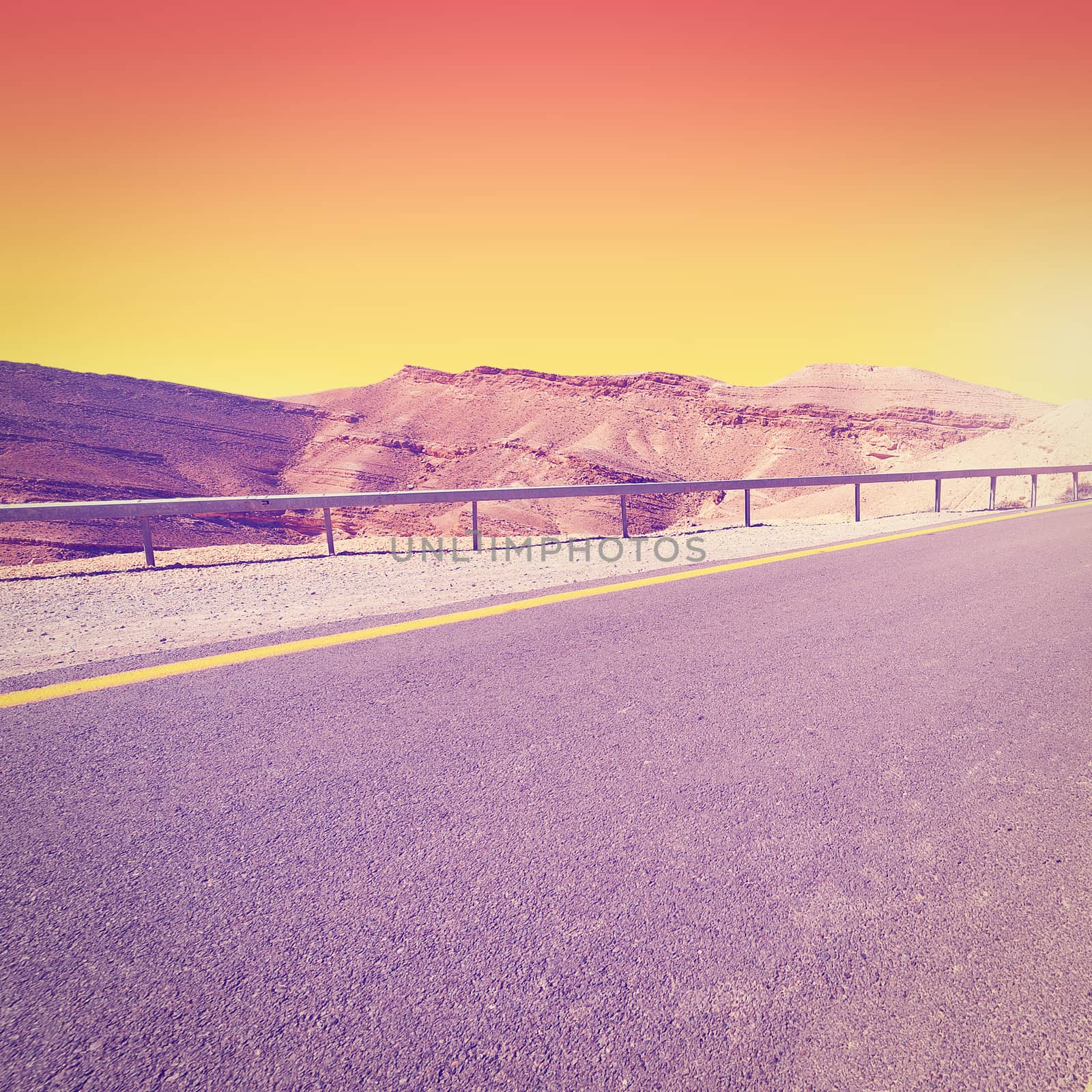 Meandering Road in Sand Hills of Judean Mountains at Sunset, Instagram Effect