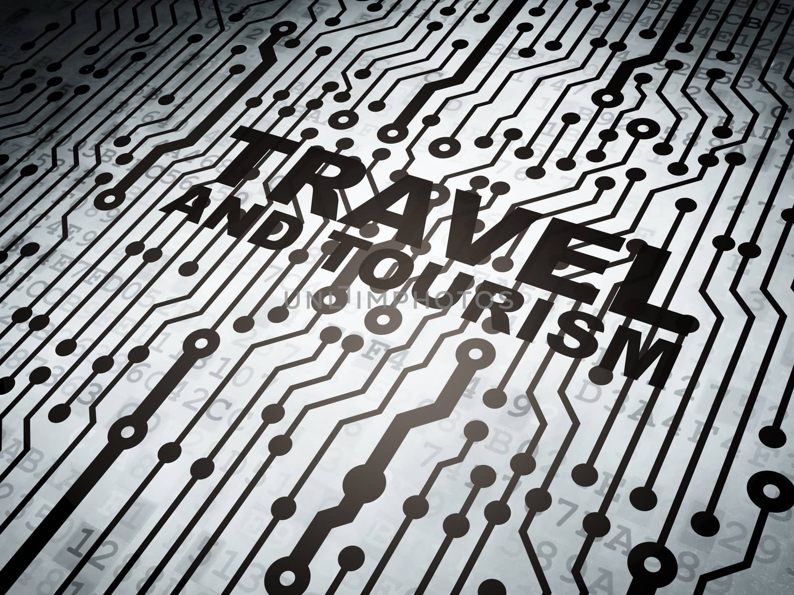 Tourism concept: circuit board with  word Travel And Tourism, 3d render