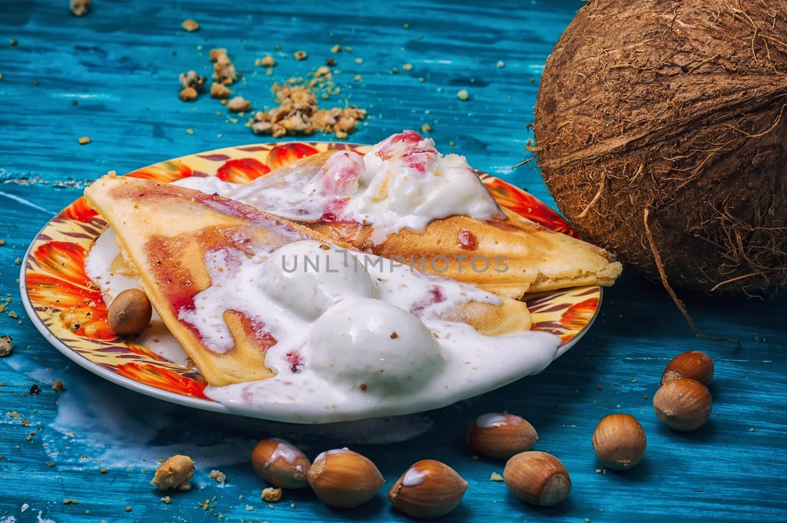 freshly baked waffle pecan coconut dessert  by LMykola