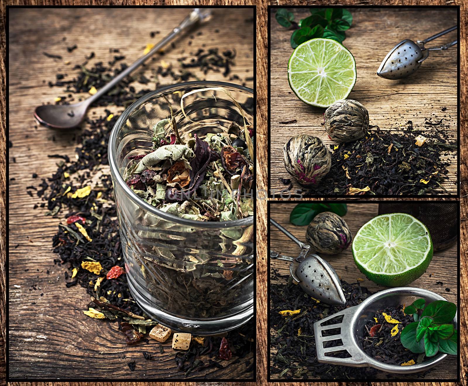 collage of tea paraphernalia and scattered leaves on wooden table