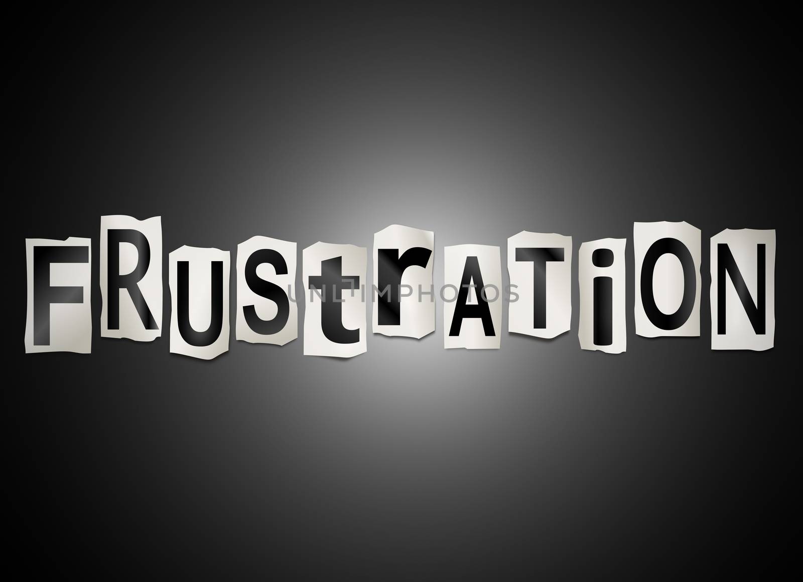 Illustration depicting a set of cut out printed letters arranged to form the word frustration.