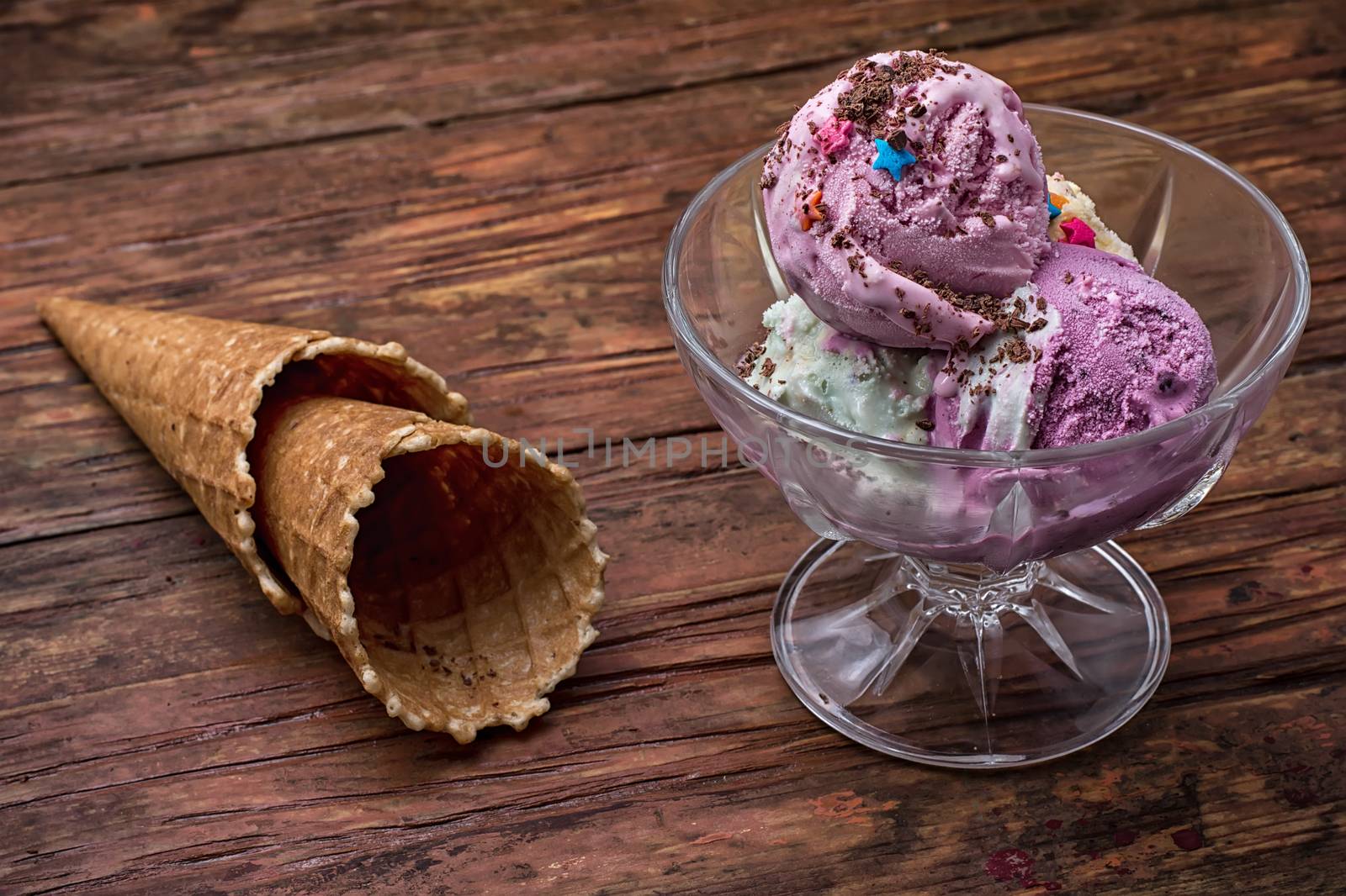 fruit ice cream in  bowl.The image is tinted in vintage style.Shallow DOF