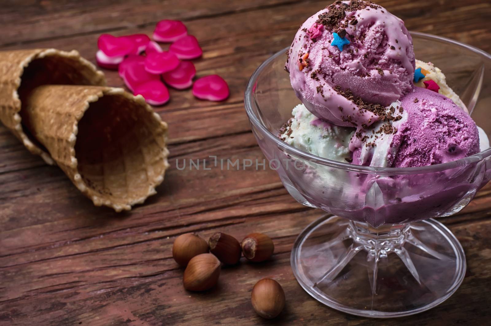 fruit ice cream in  bowl.The image is tinted in vintage style.Shallow DOF