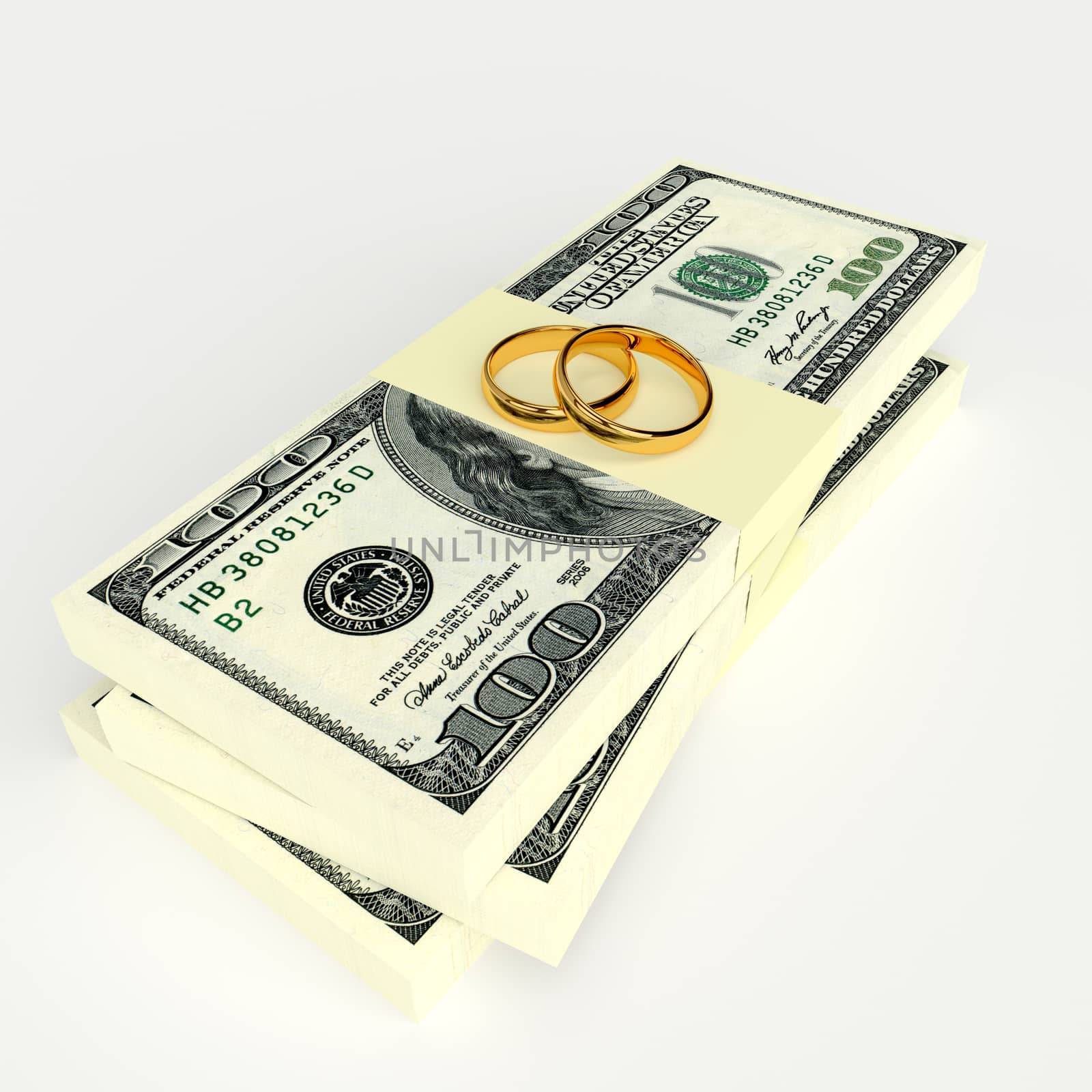 Marriage contract. Two gold wedding rings on the money