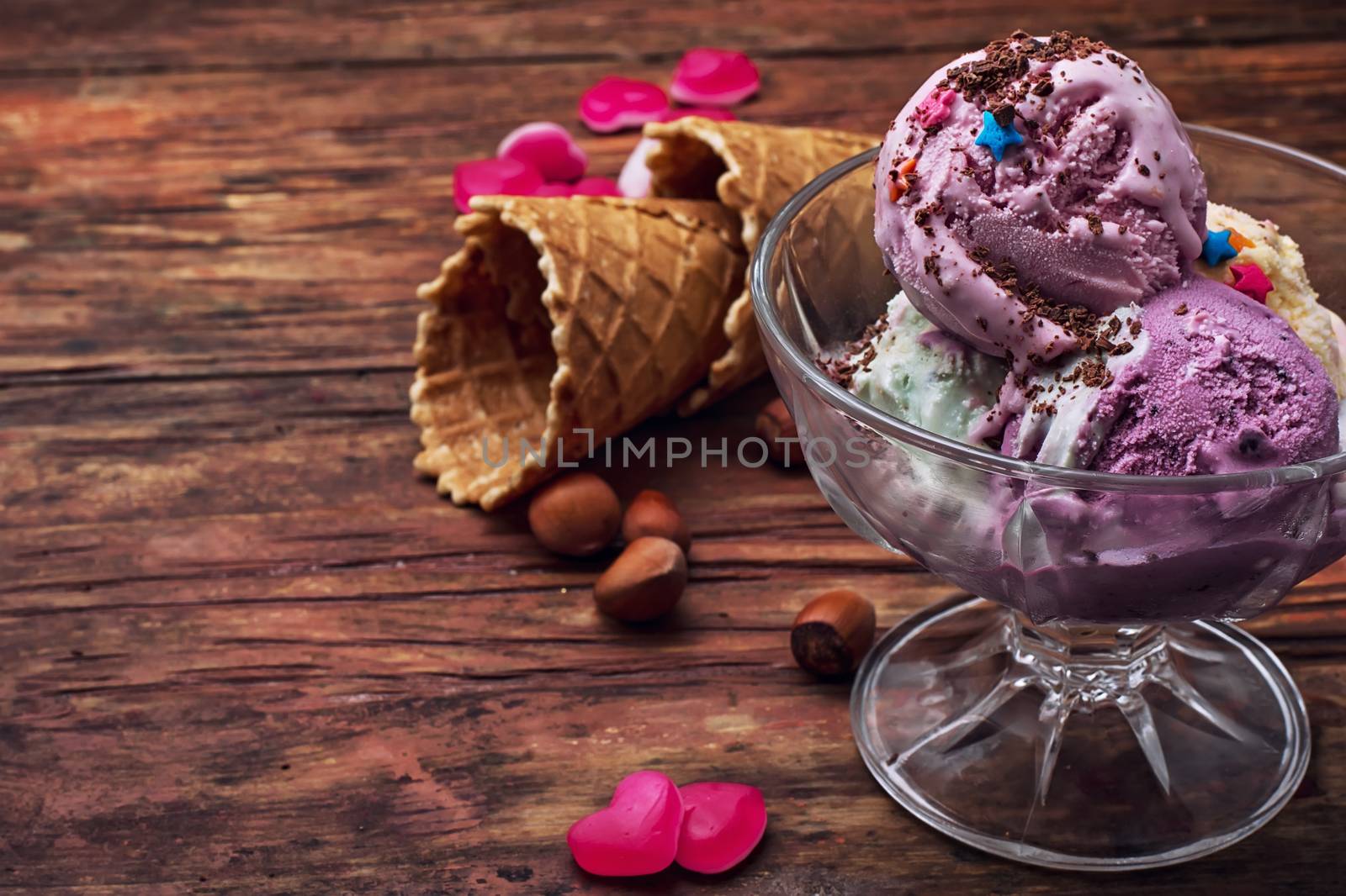 fruit ice cream in  bowl.The image is tinted in vintage style.Shallow DOF