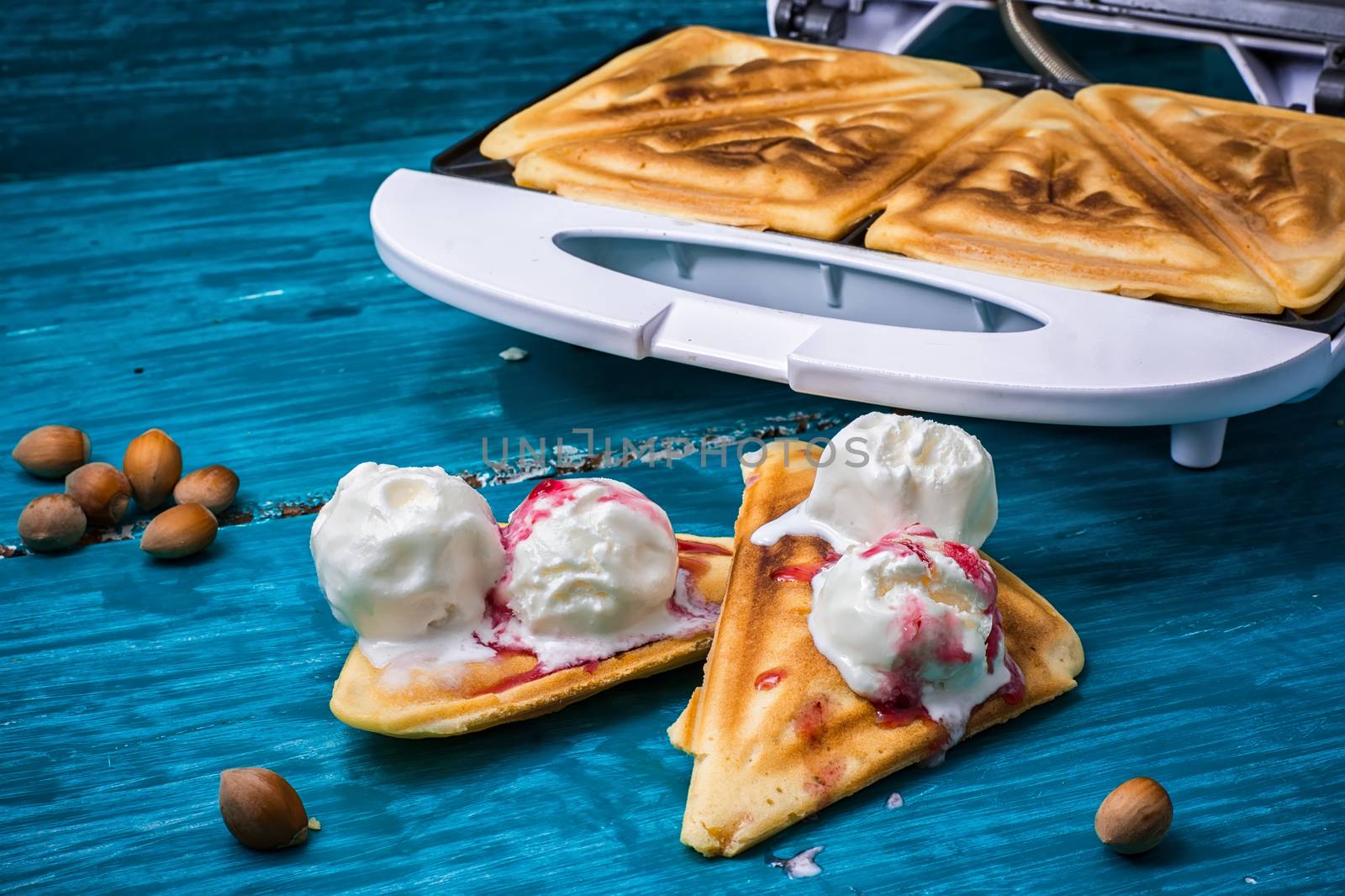 baked toast smeared ice cream in raspberry jam on the background of westernize.Selective focus