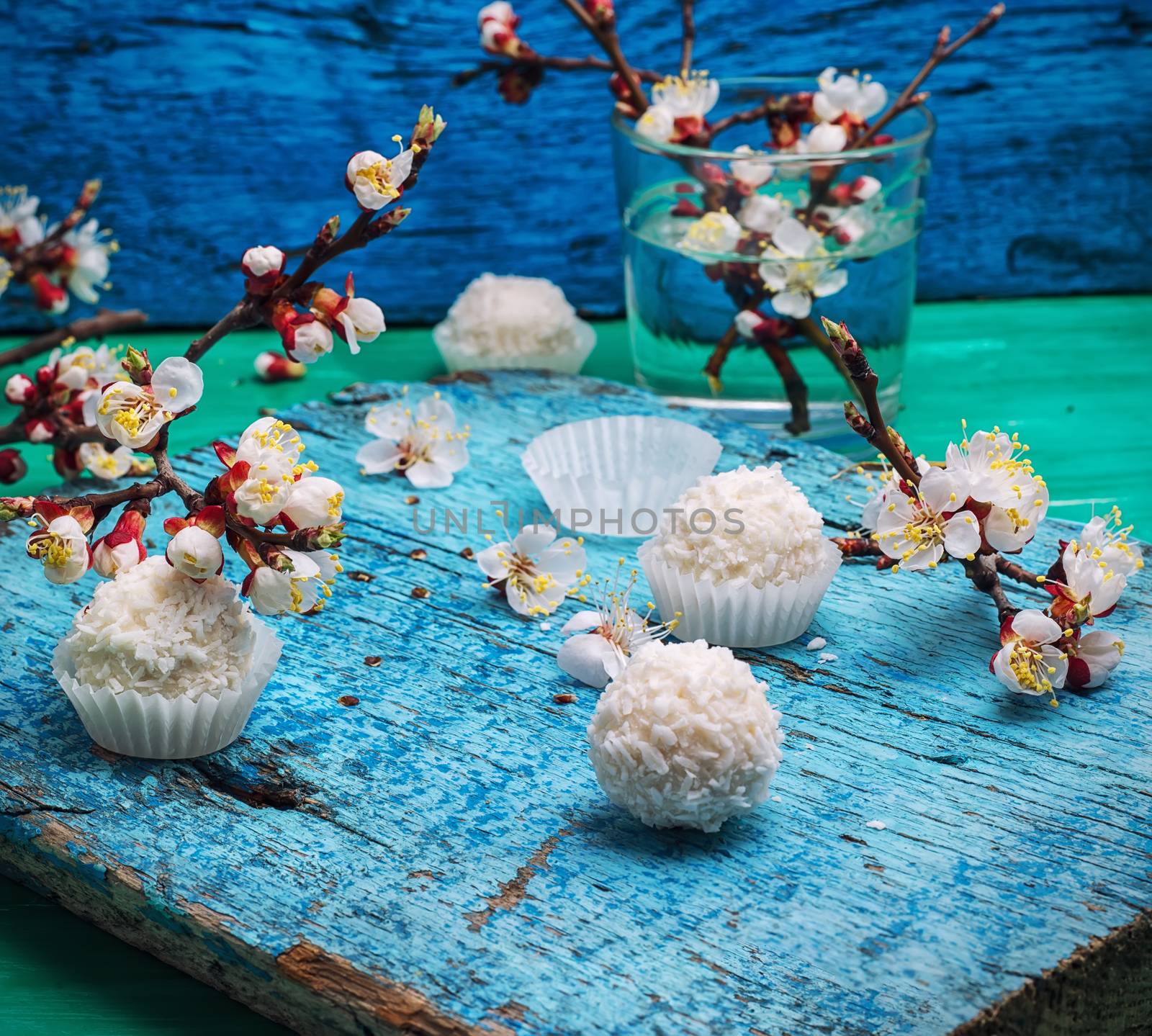 round candy on the background of the spring flowering tree branches on wooden surface.Selective focus