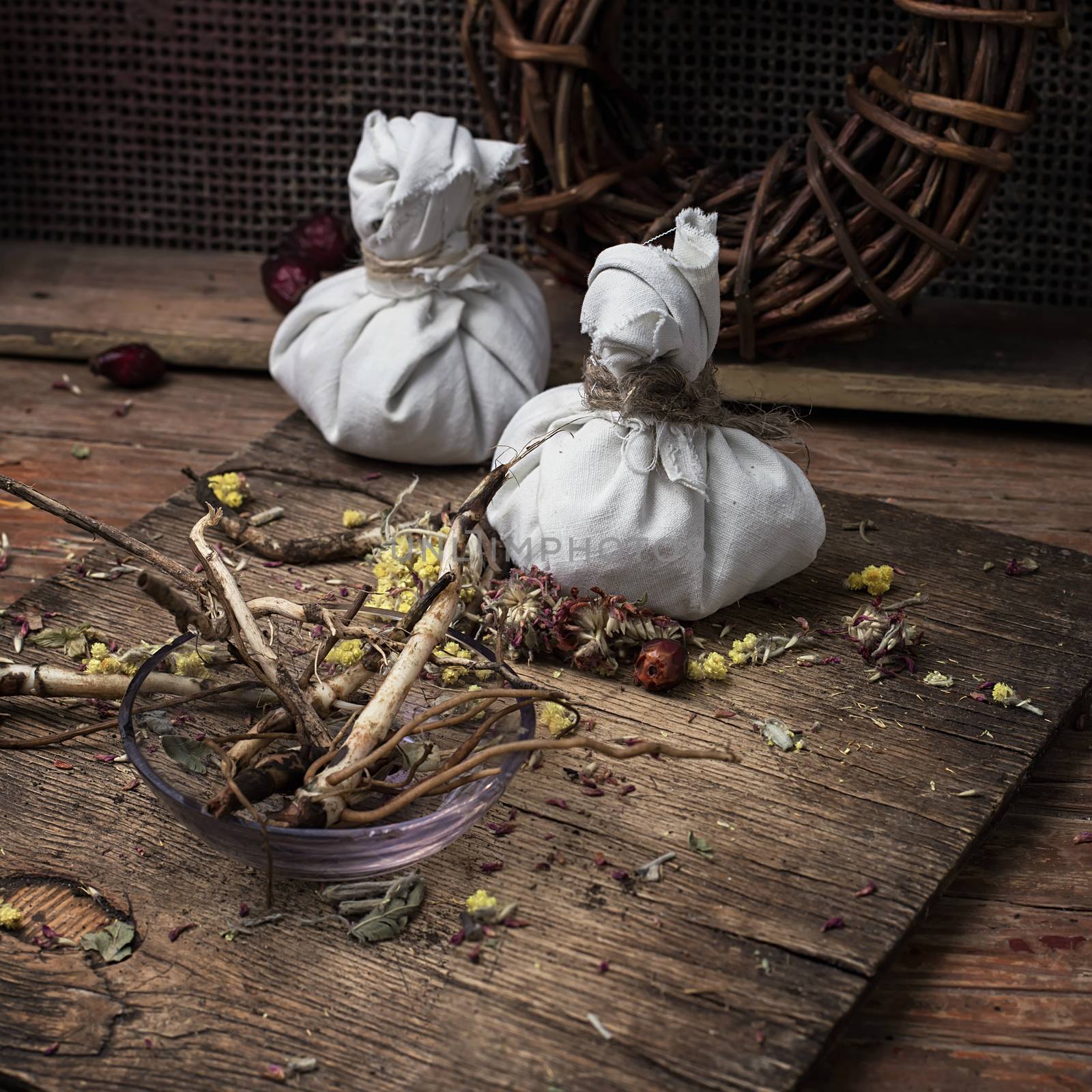 dried herbs for traditional medicine in the rural style.Selective focus