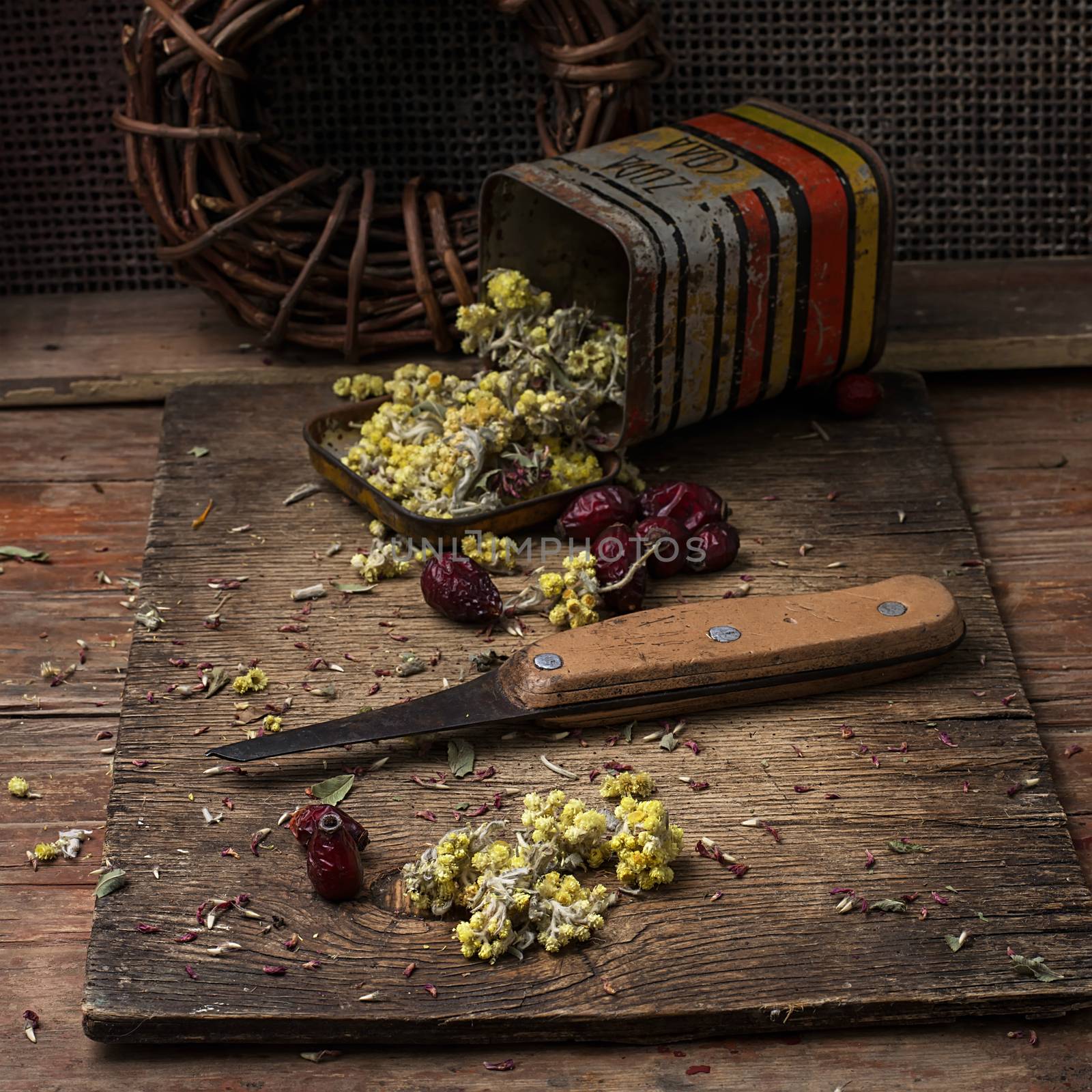 dried herbs for traditional medicine in the rural style.Selective focus