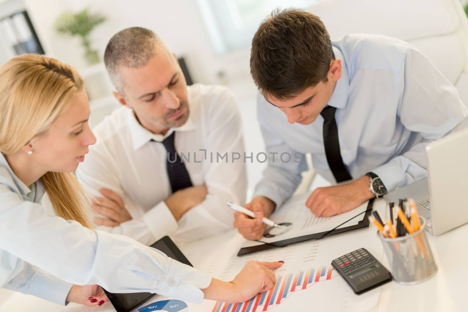 Business people having a meeting. Three business people looking at document and discussing in the office.