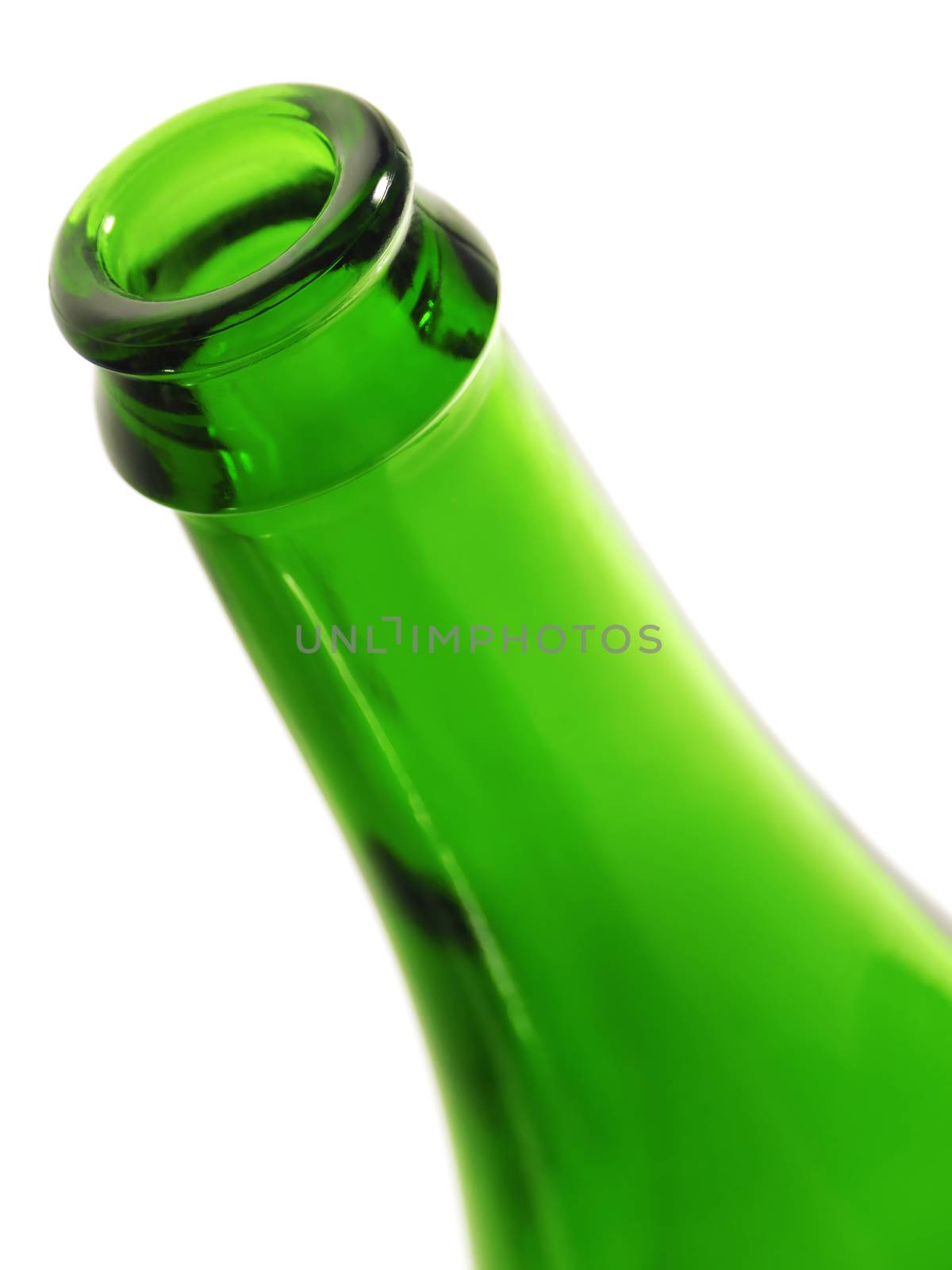 Rim of green empty bottle, on white background.