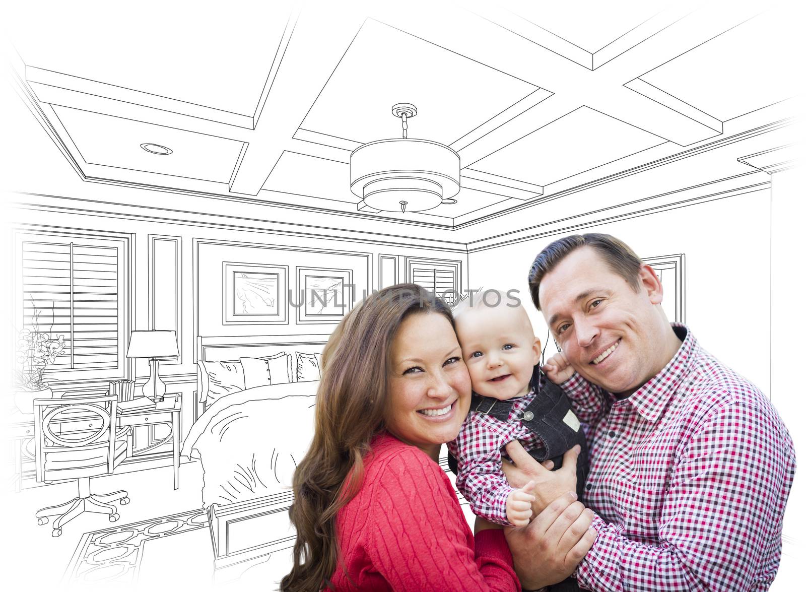Happy Young Family With Baby Over Custom Bedroom Drawing.
