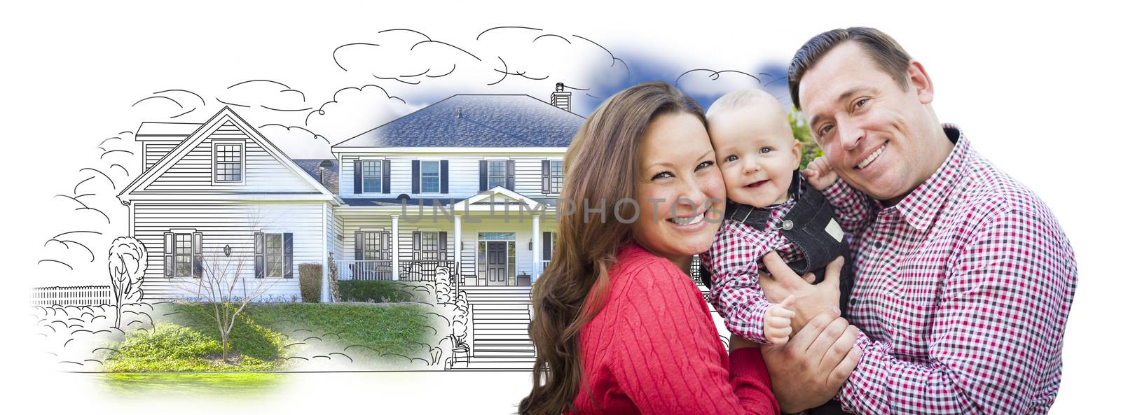 Happy Young Family With Baby Over House Drawing Isolated on a White Background.