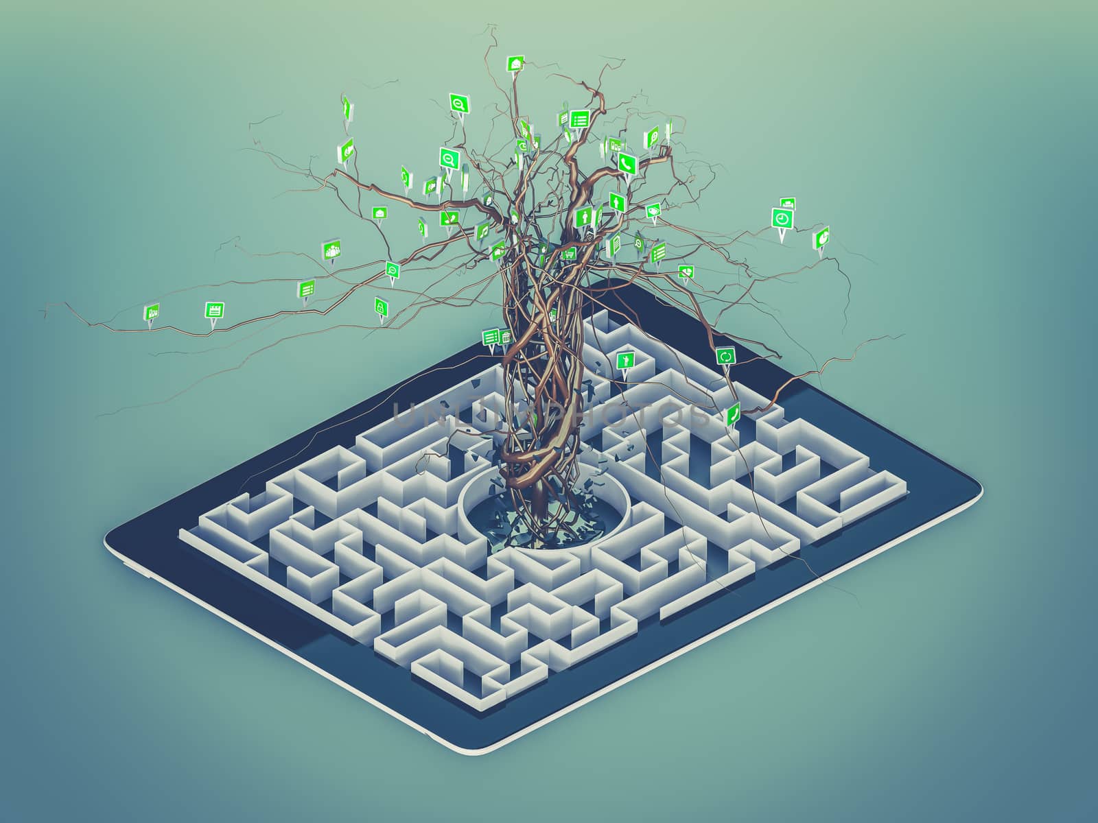 Social media icons set in tree shape on Maze in the tablet. by teerawit