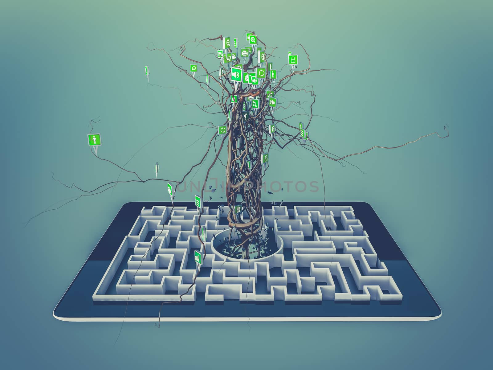 Social media icons set in tree shape on Maze in the tablet. by teerawit