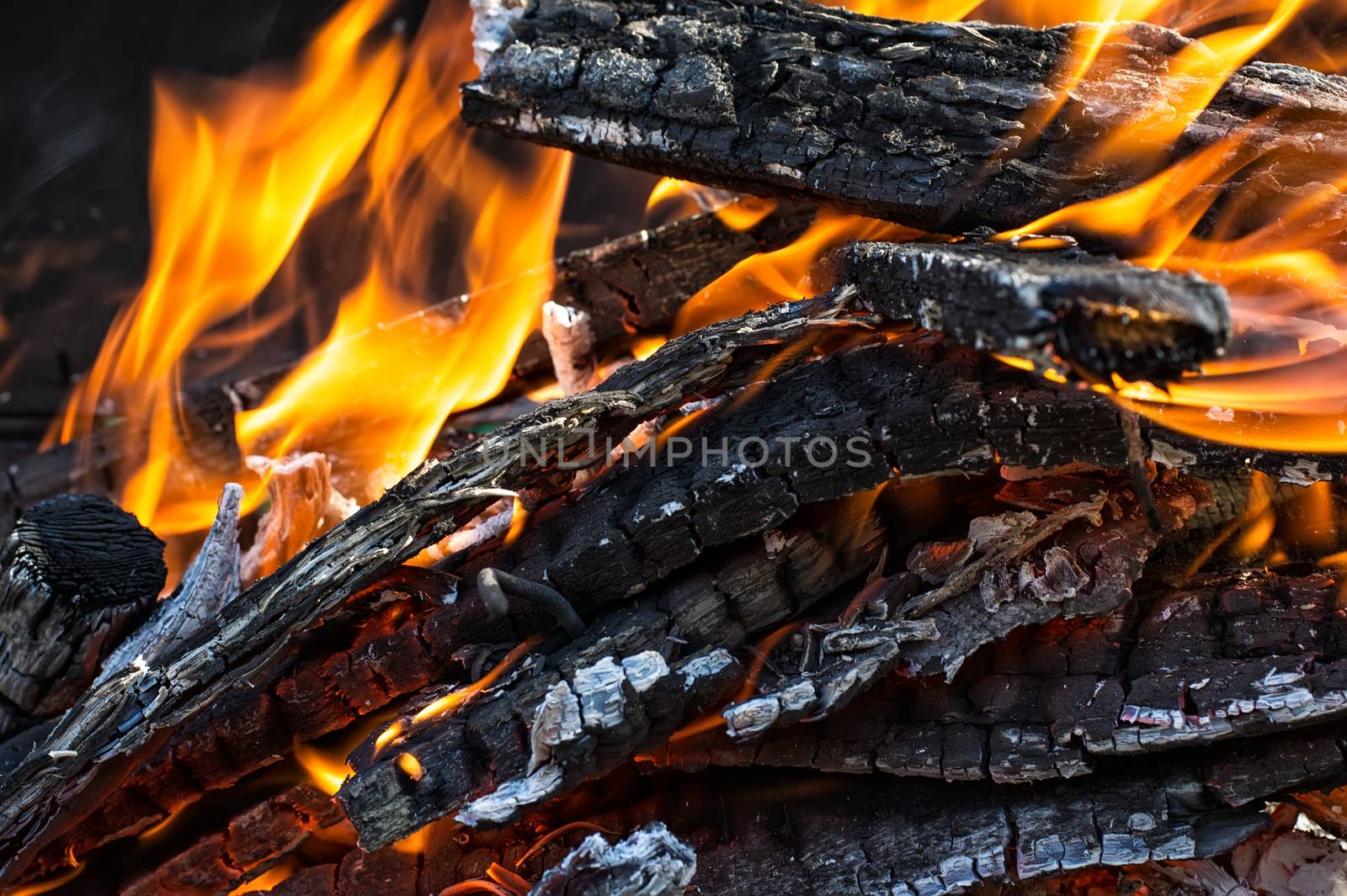 wood in the brazier flames.Selective focus