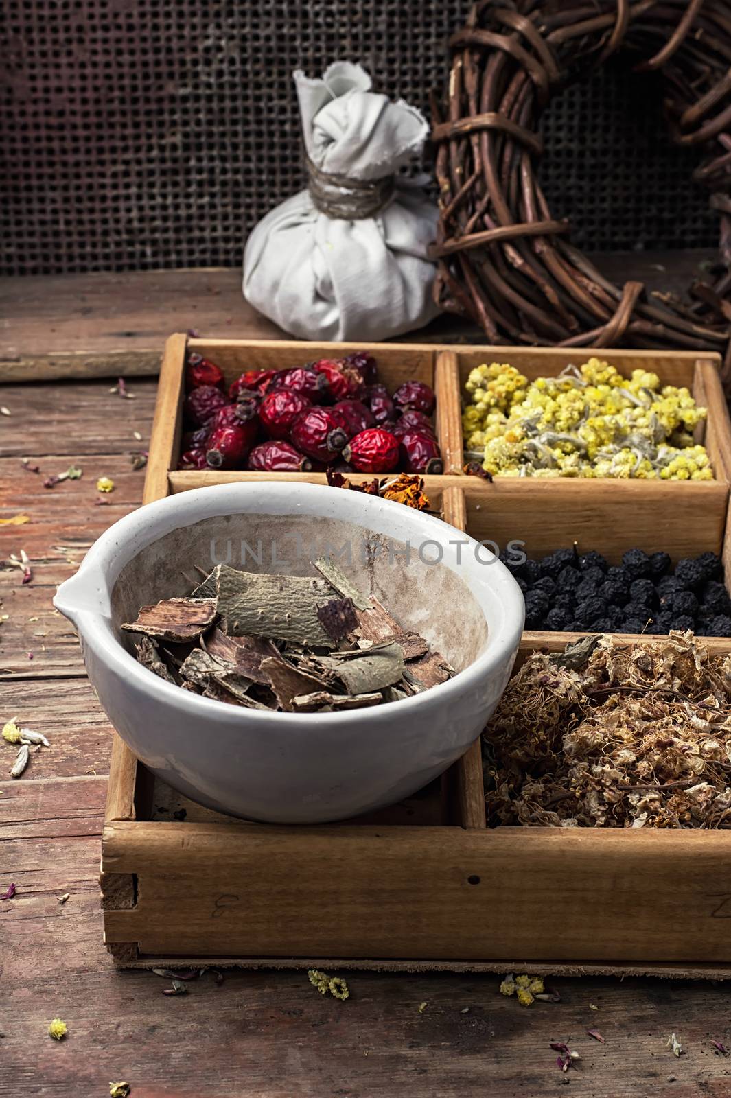 wooden box with herbs traditional medicine from home kit in the rural style.Selective focus