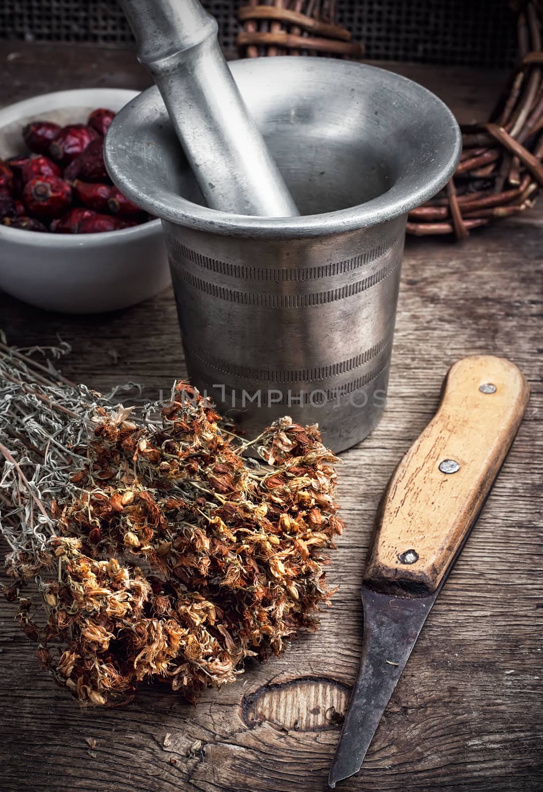 iron mortar and whisk in the background healing,harvested medicinal herbs for the winter.Selective focus