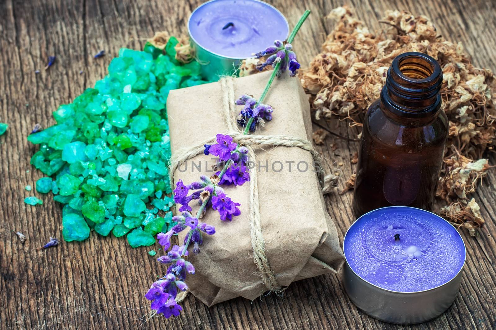 mineral perfume salt and other ingredients for spa treatments.Photo tinted.Selective focus