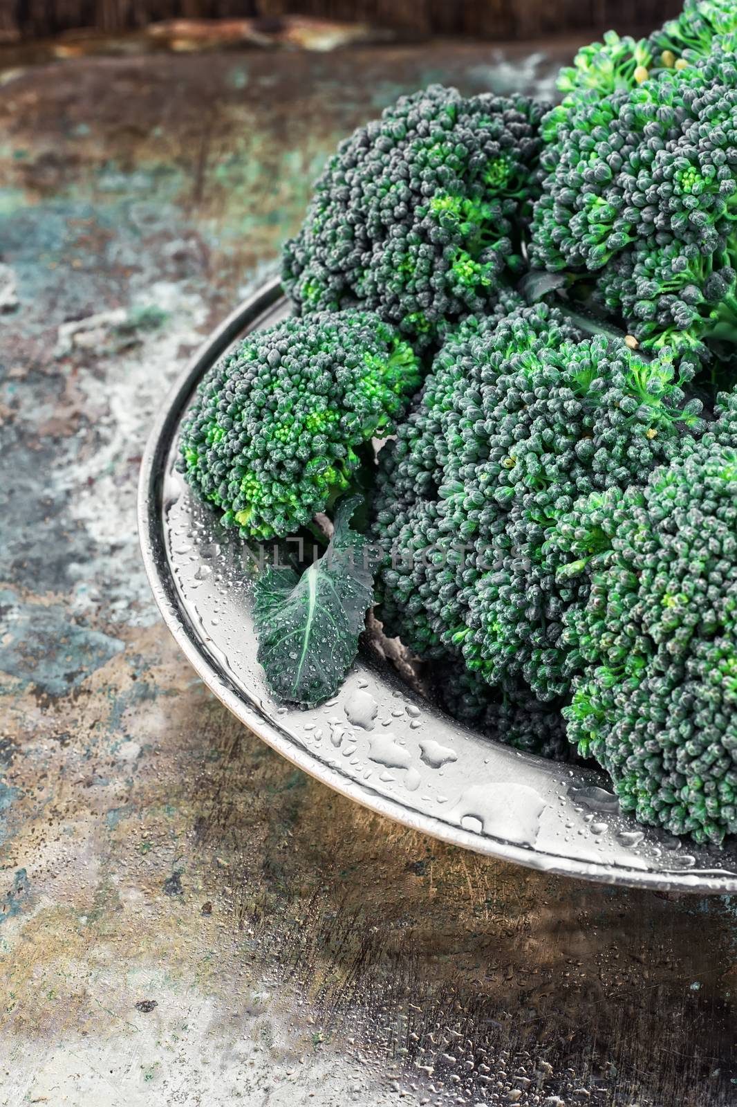 harvest broccoli cauliflower on an iron plate.
