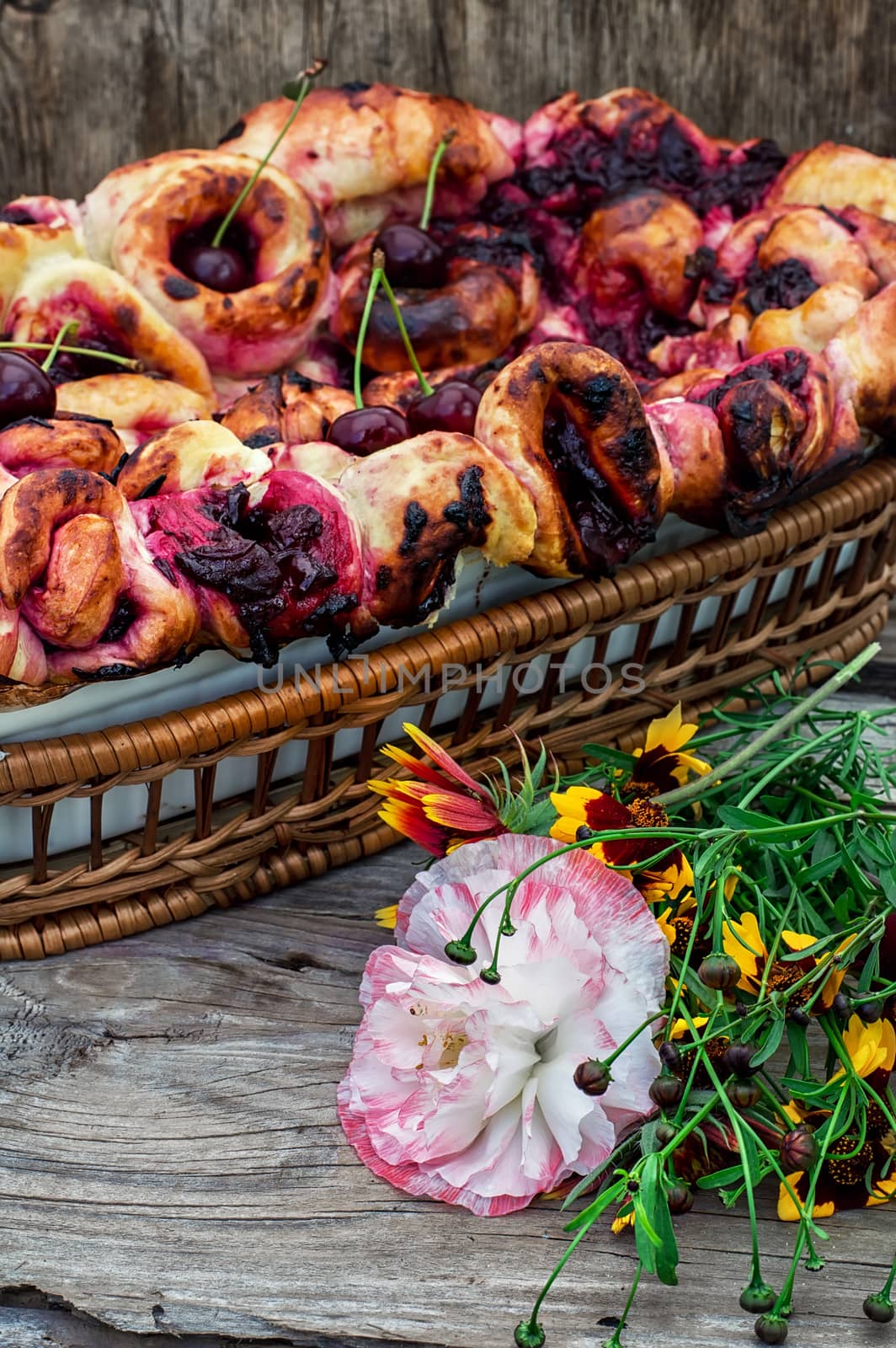 form with baked pie cherry berries in rustic style.Photo tinted