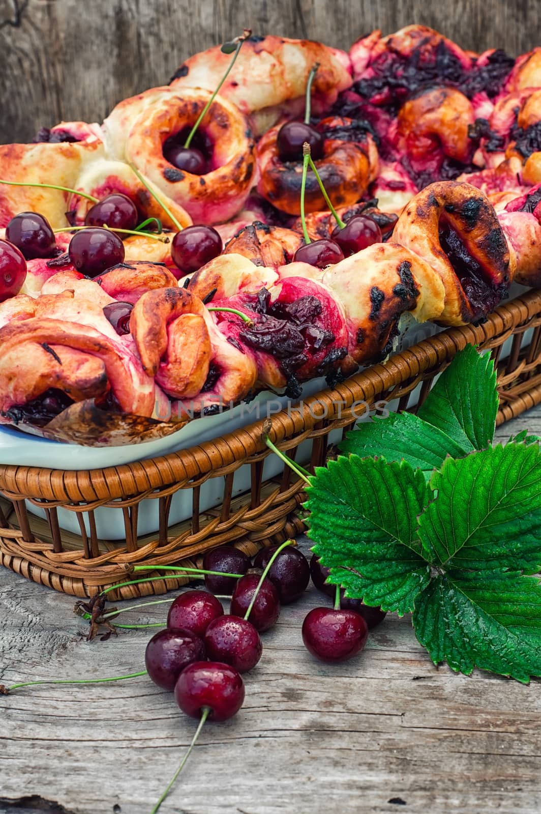 form with baked pie cherry berries in rustic style.Photo tinted