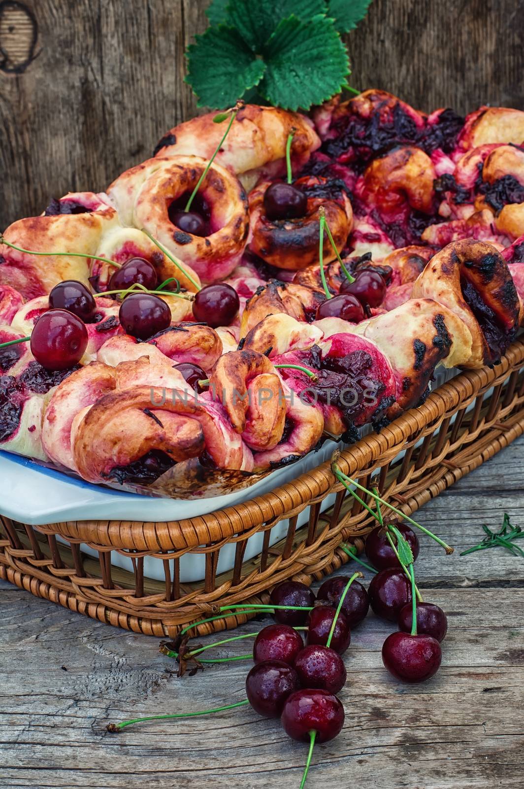 form with baked pie cherry berries in rustic style.Photo tinted