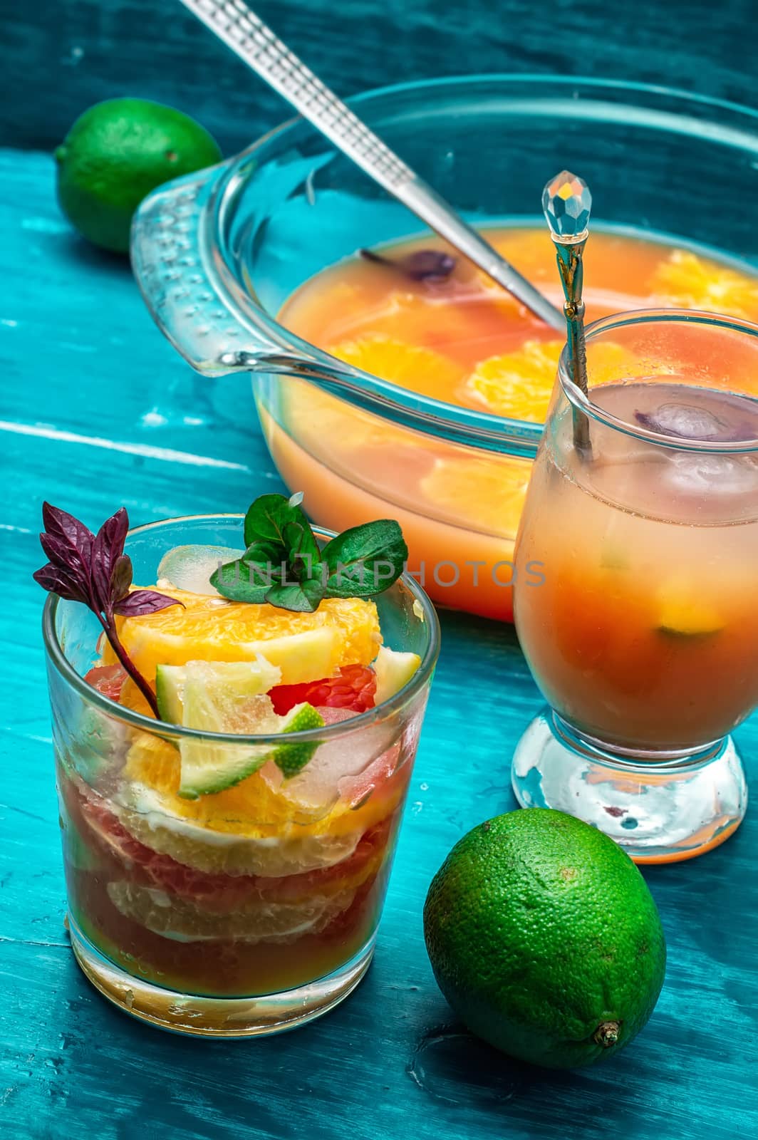 glass with drink of freshly squeezed tropical fruit with pulp.Selective focus.Photo tinted.
