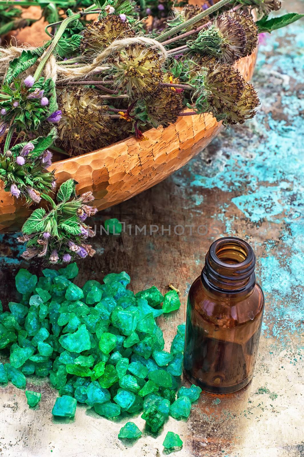 mineral perfume salt and other ingredients for Spa treatments.Photo tinted