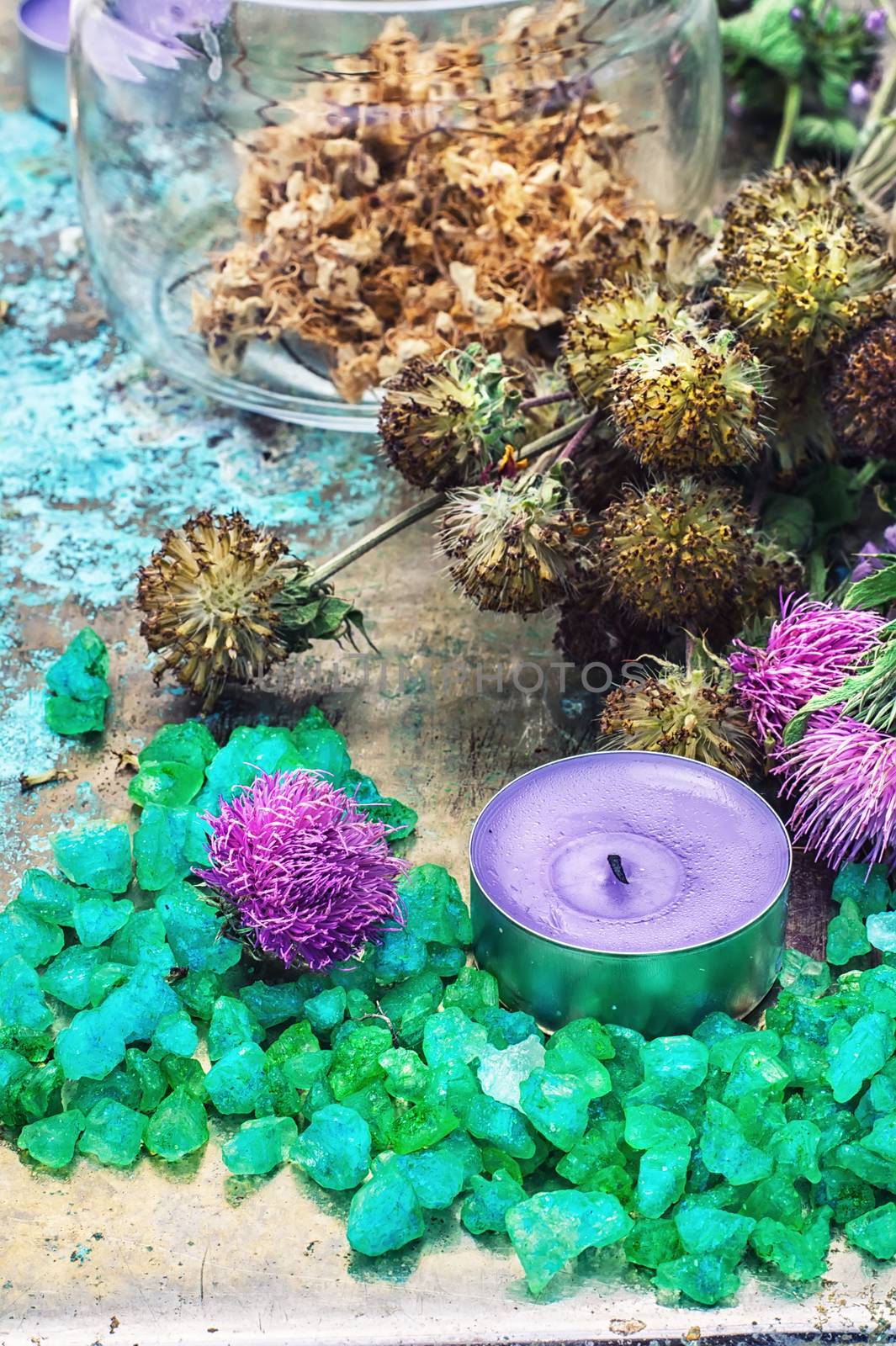 mineral perfume salt and other ingredients for Spa treatments.Photo tinted