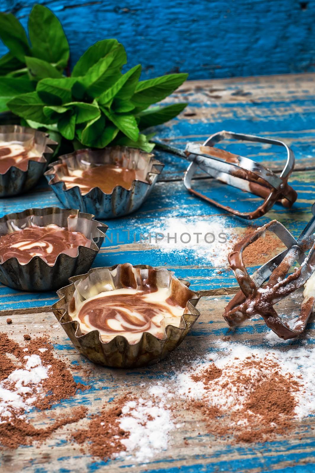 process of making coffee muffins on wooden countertop in rustic style.
