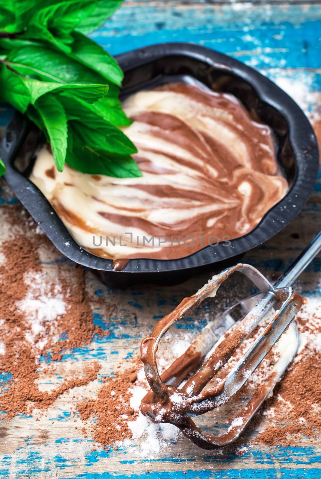 process of making coffee muffins on wooden countertop in rustic style.