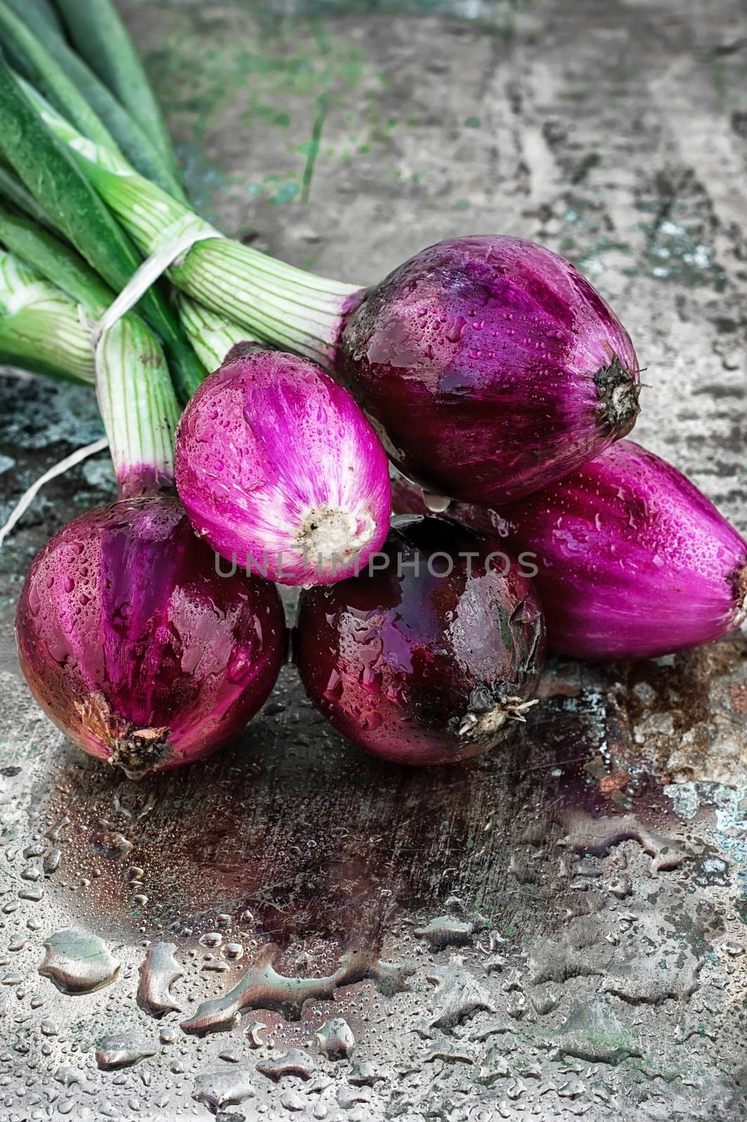 color onions on an iron plate in spray of water.Photo tinted