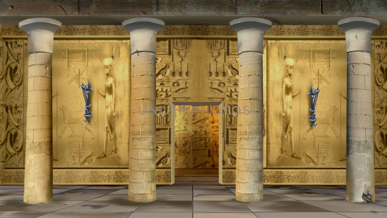 Digital painting of the hall of Ancient Egyptian Temple with columns and mural.