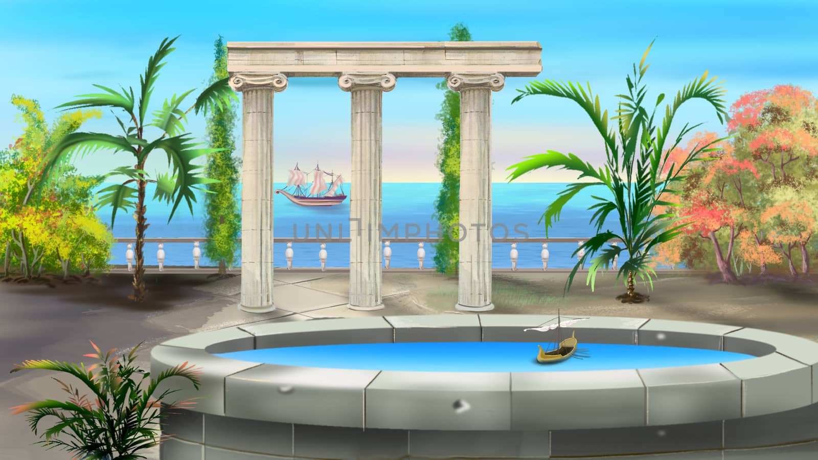 Digital painting of the Ancient Greek Colonnade against the sea