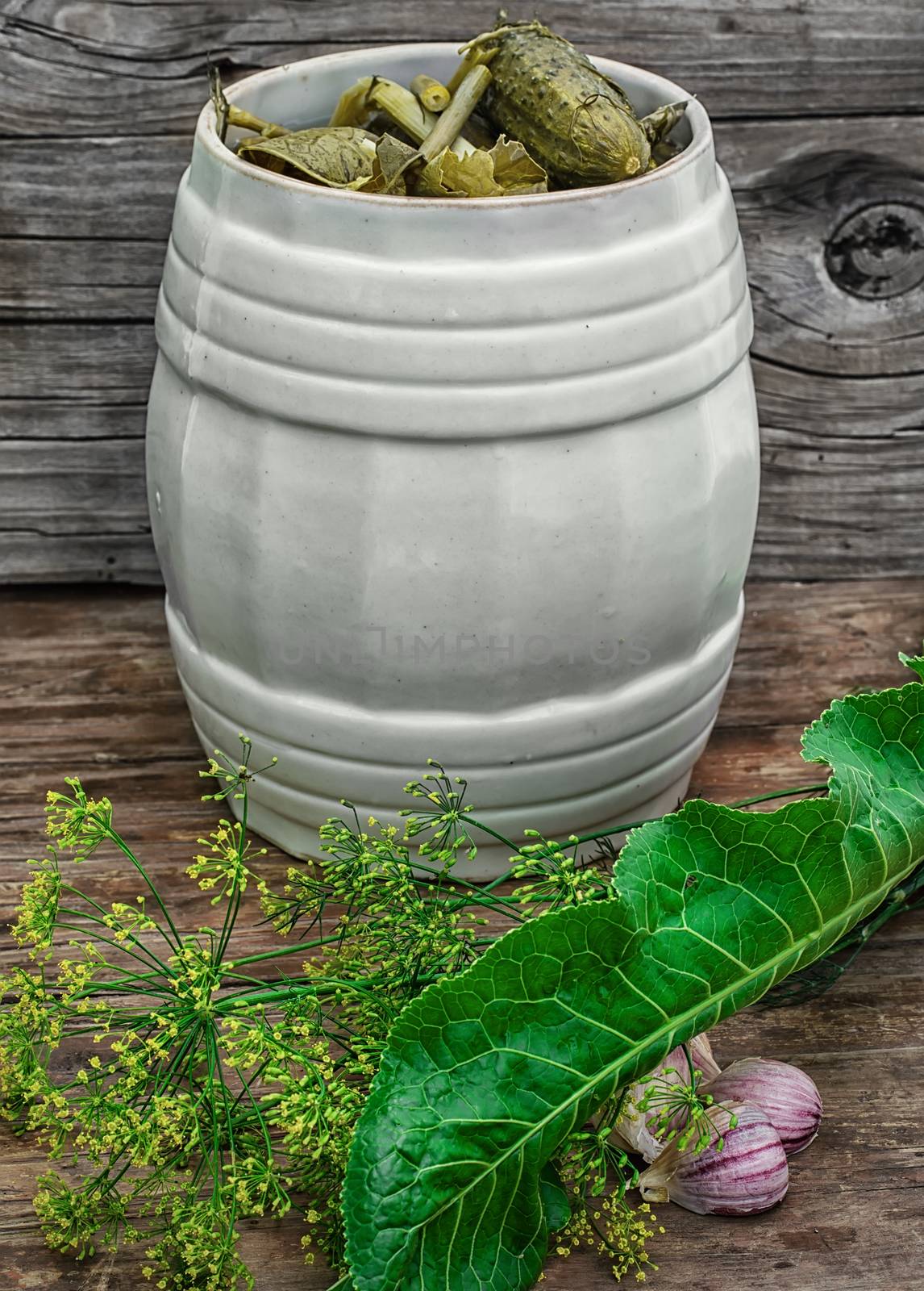Pickled cucumbers with dill on wooden background in country style.Photo tinted.
