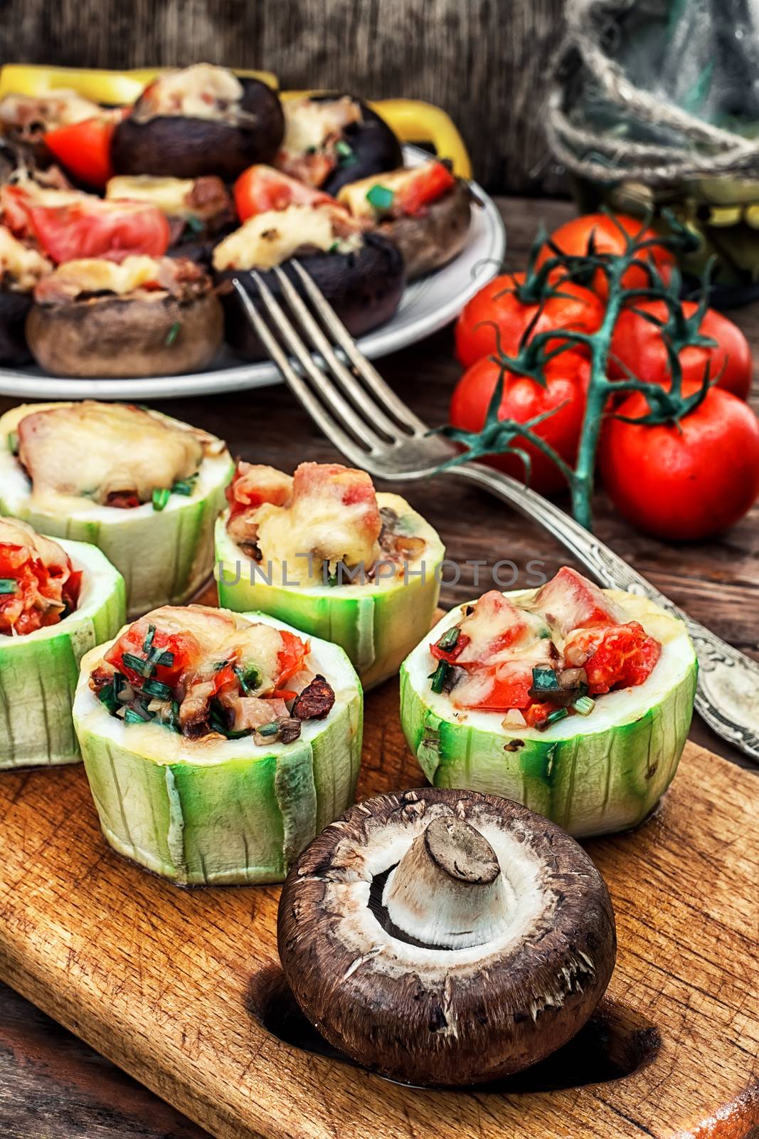 Easy appetizer of zucchini stuffed with cheese,garlic and tomatoes.Photo tinted.Selective focus