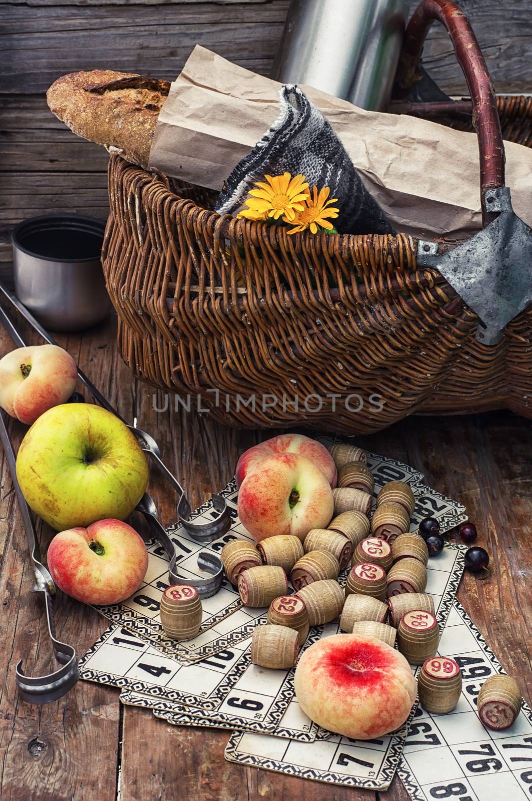 Accessories picnic consisting of peaches,apples and lotto games.Photo tinted.