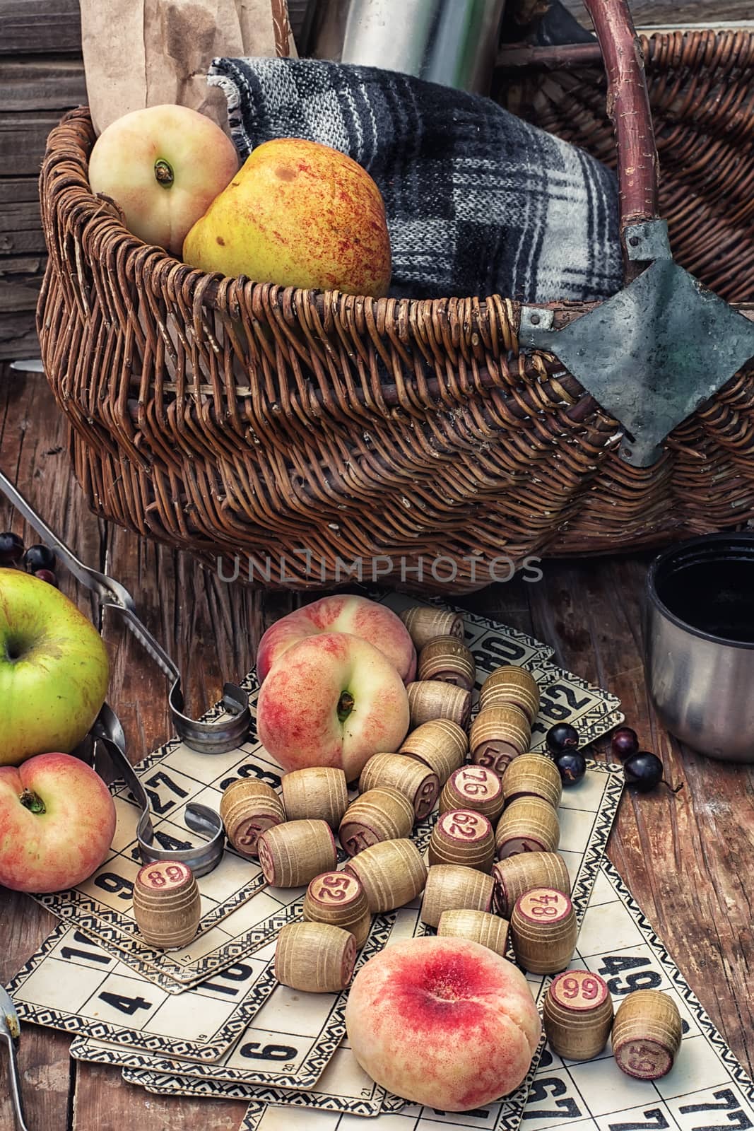 Wicker fruit basket,blanket for picnic.Photo tinted.Selective focus